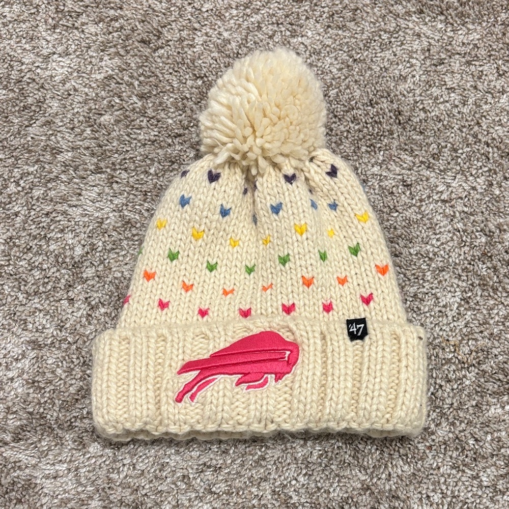 NEW! Buffalo Bills Cream Pom-Pom Baby Beanie with Rainbow Hearts